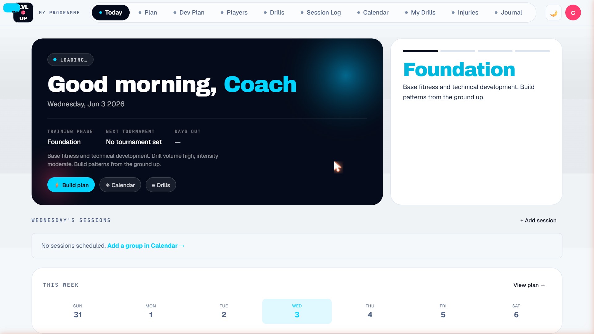 LVL·UP tennis coaching app dashboard — today's sessions and training phase
