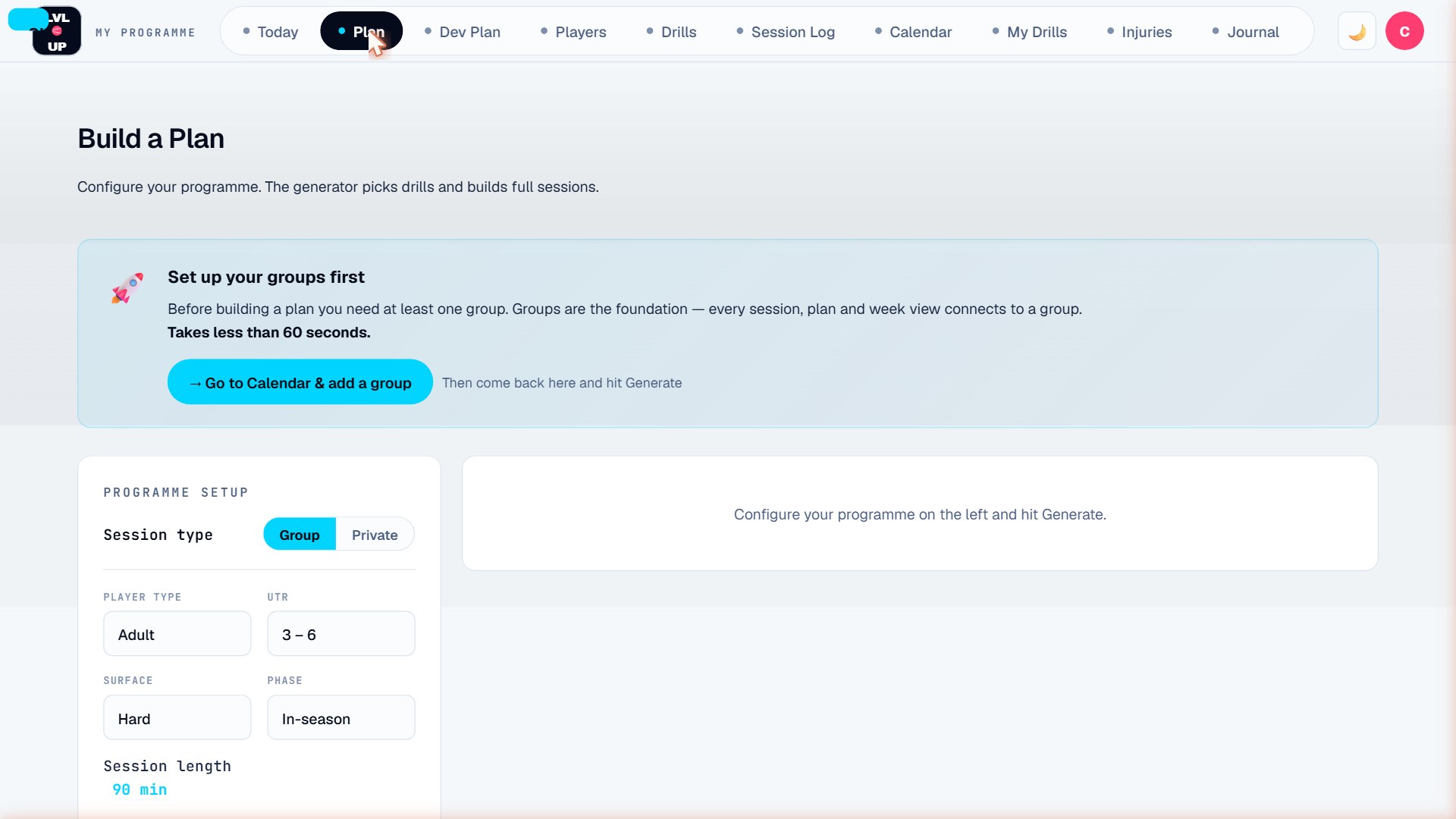 LVL·UP tennis session planner — configure session type, UTR band, surface and phase